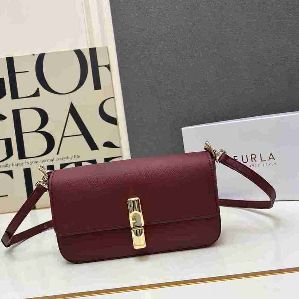 ✨Furla Burgundy Gold Turn-lock Flap Slim Crossbody Shoulder Bag